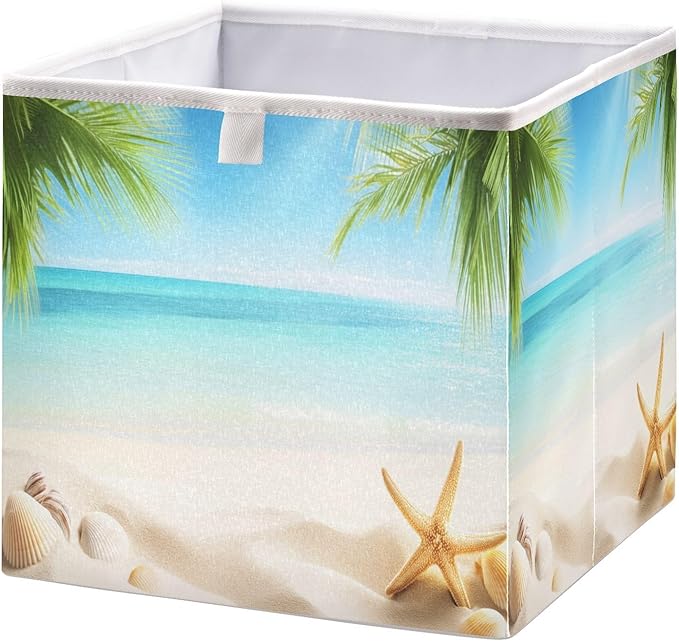 Blueangle Summer Beach Cube Storage Bin, 11 x 11 x 11 in, Large Collapsible Organizer Storage Basket for Home Décor