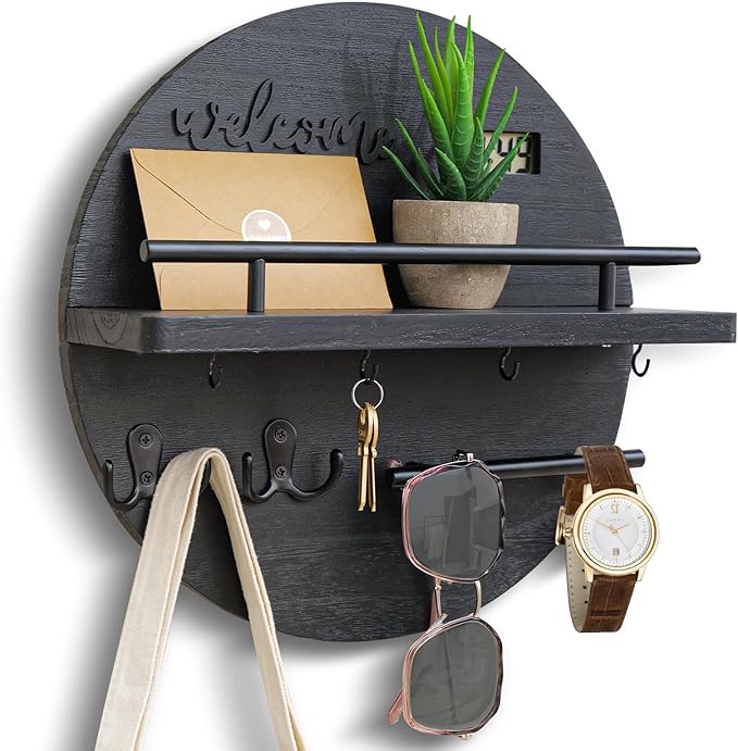 Key Holder for Wall, Key and Mail Holder Organizer with - Key Holder Wall Mount - Round Wooden Rustic Home Decor for Entryway, Mudroom, Hallway, Kitchen Office (Solid Black)