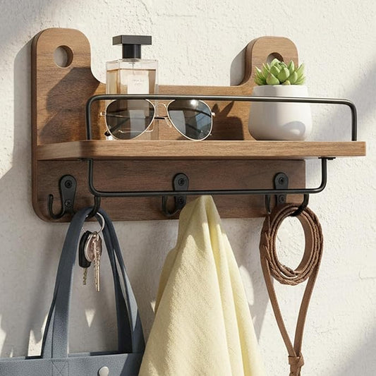 Key Holder for Wall with Shelf - 5.1" Deep Large Mail Organizer Wall Mount with 3 Heavy-Duty Dual Hooks & Safety Guardrail - Rustic Wood Wall Shelf for Entryway, Kitchen, Office