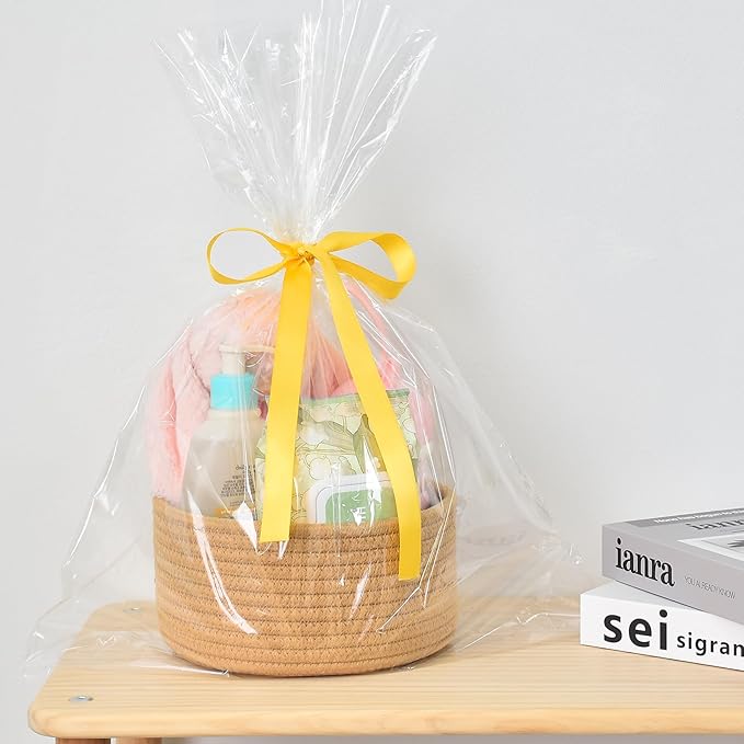 ABenkle Small Woven Basket, Empty Tiny Shallow Storage Basket, Mini Cotton Rope Baskets, Round Decorative Hamper, Basket Storage Bins for Toys, Spa, Socks, Nursery, Living Room- Brown