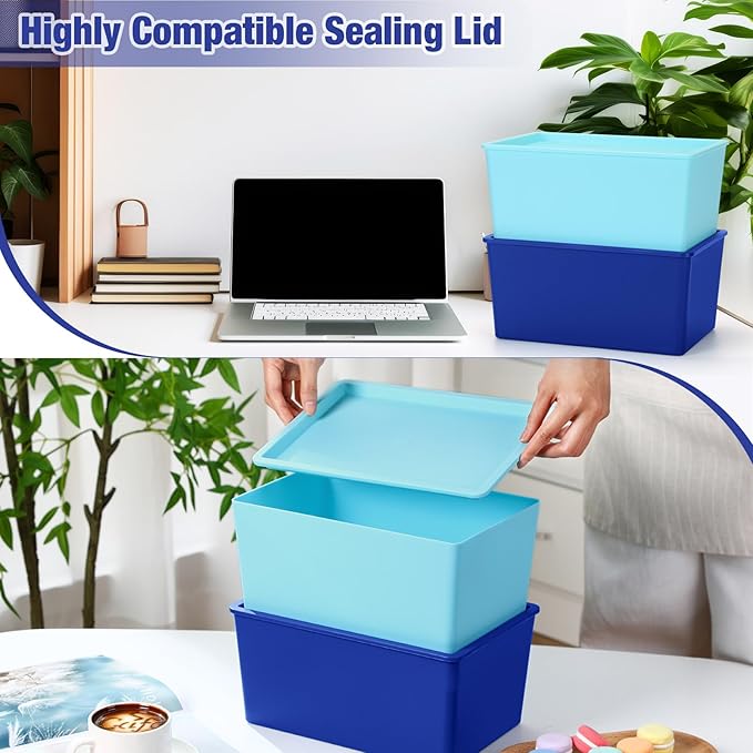 Menkxi 6 Pcs Storage Bins with Lids Small Plastic Storage Containers Stackable Storing Baskets Box Cute Organizer Bins for Organizing Shelves (Blue Series)