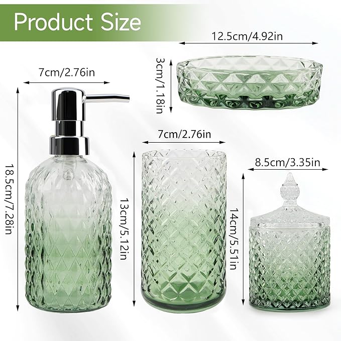 5Pcs Glass Bathroom Accessories Set,Green Vintage Bathroom Accessory Set, Bathroom Counter Sink Toothbrush Holder Set Includes Hand/Lotion Soap Dispenser & Tumbler & Soap Dish & Qtip Holders