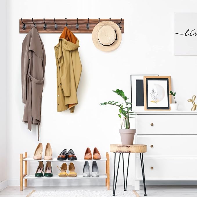 Coat Rack Wall Mounted,Vintage Wooden Coat Hooks for Wall,Heavy Duty 10 Dual Coat Hangers for Hanging Coats, Jacket,Hat,Clothes,Brown