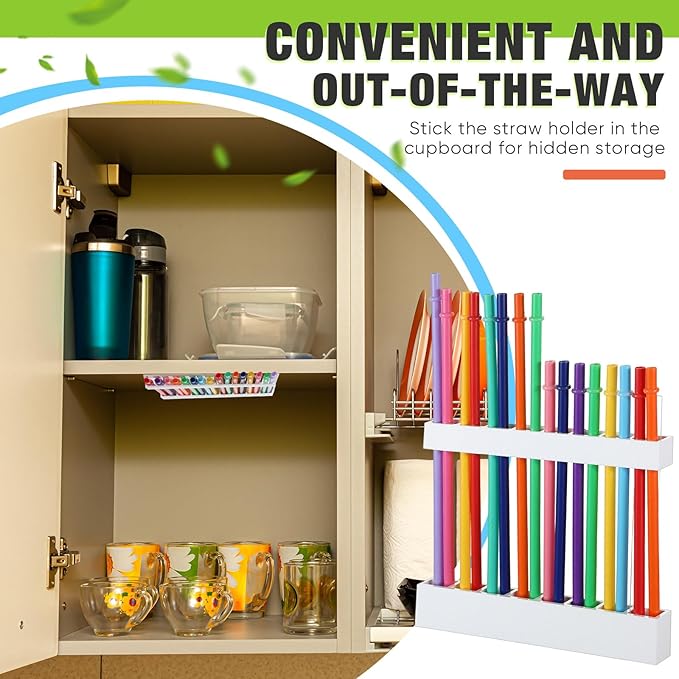 Baderke Straw Holder for Cabinet Reusable Straw Organizer with Double Sided Adhesive Tape Screws Storage Container for Kitchen Counter Cupboard (White,Novel)