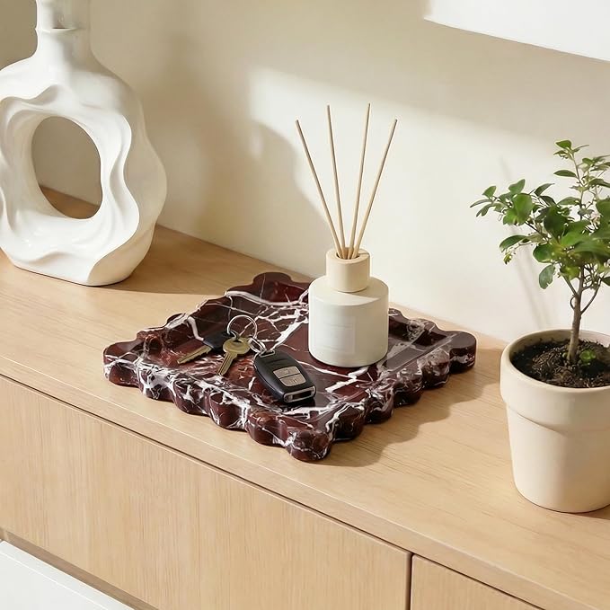 Elegant Square Marble Decorative Tray with Scalloped Edge Natural Stone Vanity Tray Organizer for Counter, Vanity, Dresser, Nightstand, Bathroom & Kitchen Sink(Rosso Lepanto)