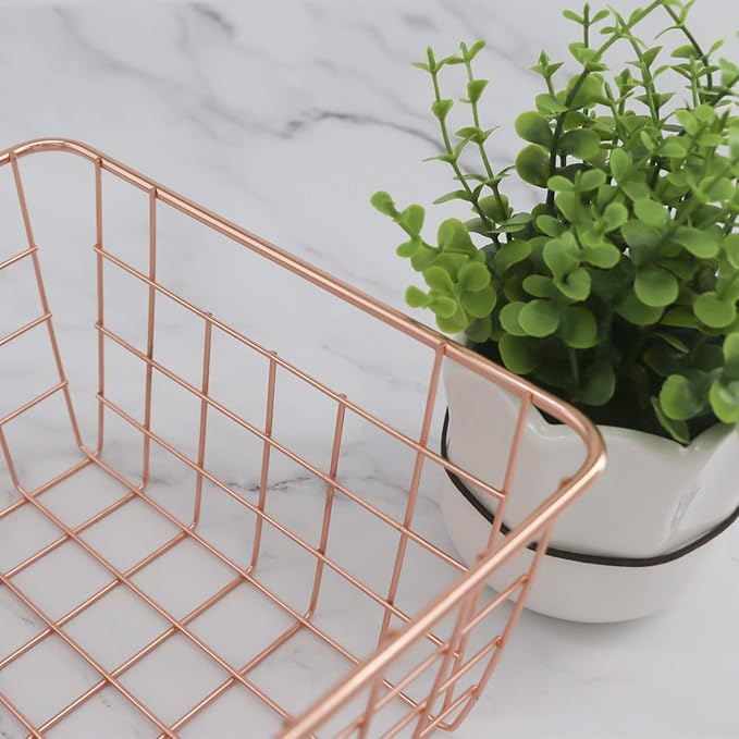 Metal Wire Storage Basket with Handles for Kitchen Food Pantry Papers Home Office Desk Bathroom Laundry Room Bedroom Bed Room Organizer, Rose Gold