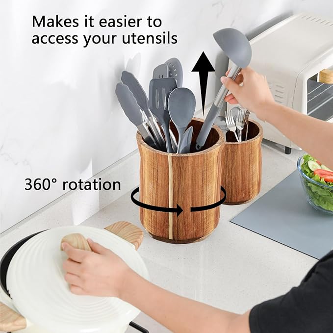 Acacia Wood Utensil Holder for Kitchen Counter, 360° Rotating 7.3" Large Wooden Utensil Holder,Kitchen Utensil Crock for Countertop,Cooking Utensil Storage Organizer,Farmhouse Kitchen Decor