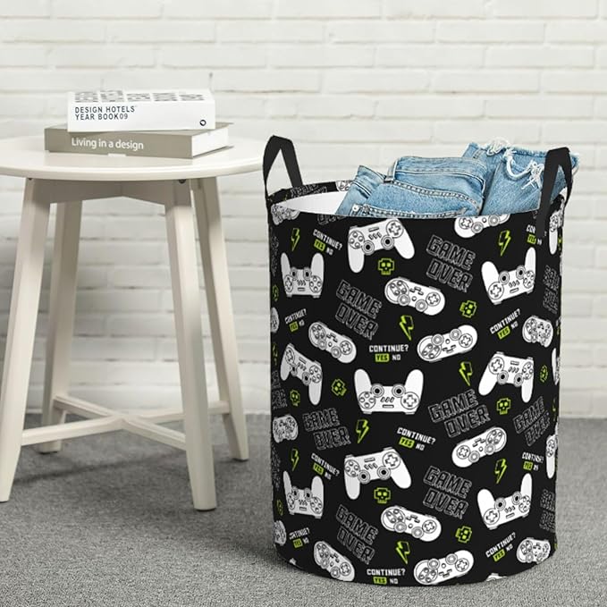 Game Controllers Pattern Round Laundry Hamper Gaming Joysticks Gamepad Storage Basket Toys Clothes Organizer Bin For Home Bathroom Bedroom Dorm Nursery, 38l