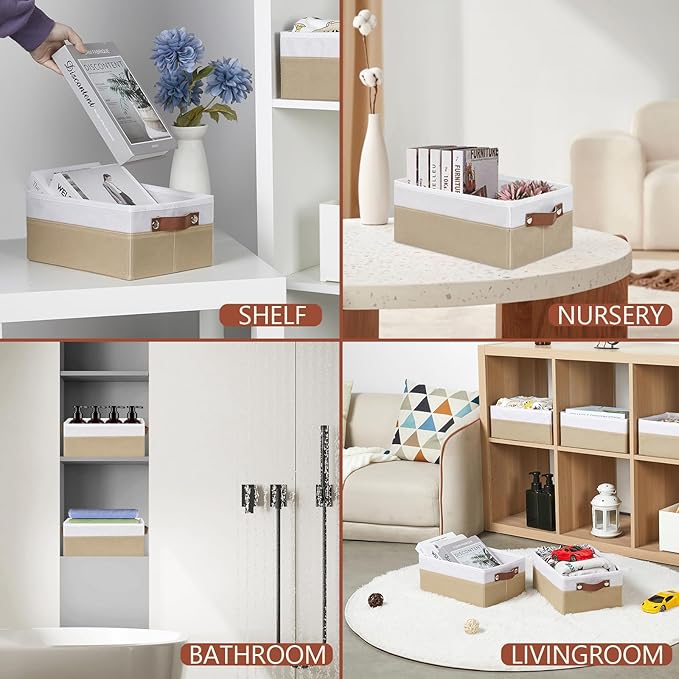 HNZIGE Collapsible Storage Bins, 6 PCS Fabric Small Storage Bins for Organizing Shelves, White&Beige, 11.8 x 7.8 x 5.1 inches