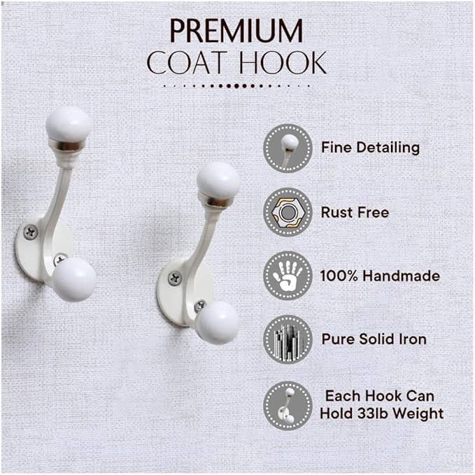 Indian Shelf 6 Pieces Double Prong White Decorative Coat Hooks Unique Coat Rack Wall Mount Ceramic Wall Hooks for Hanging Towel Holder Backpack Purse Hanger- Style 5