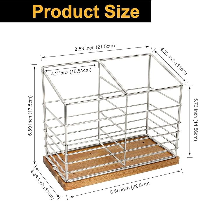 Utensil Holder for Kitchen Counter, Metal Utensil Holder Rack for Kitchen Countertop, Cooking Tools Storage for Spatula, Utensil Organizer with Wooden Base, and Drainage Hole (Chrome Wooden)