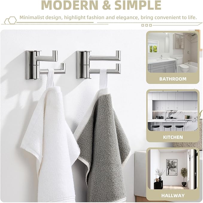 Suyar Brushed Nickel Double Towel Hook, SUS304 Stainless Steel Swivel Wall Hook with 2 Arms, Foldable Robe Coat Hanger for Bathroom, 2 Pack