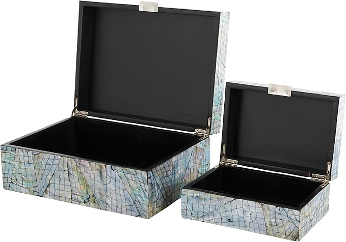 Deco 79 Mother of Pearl Shell Abstract Handmade Decorative Box Angular Mosaic Storage Decorative Keepsake Box with Iridescent Finish, Set of 2 Storage Box 12", 8"W, Multi Colored