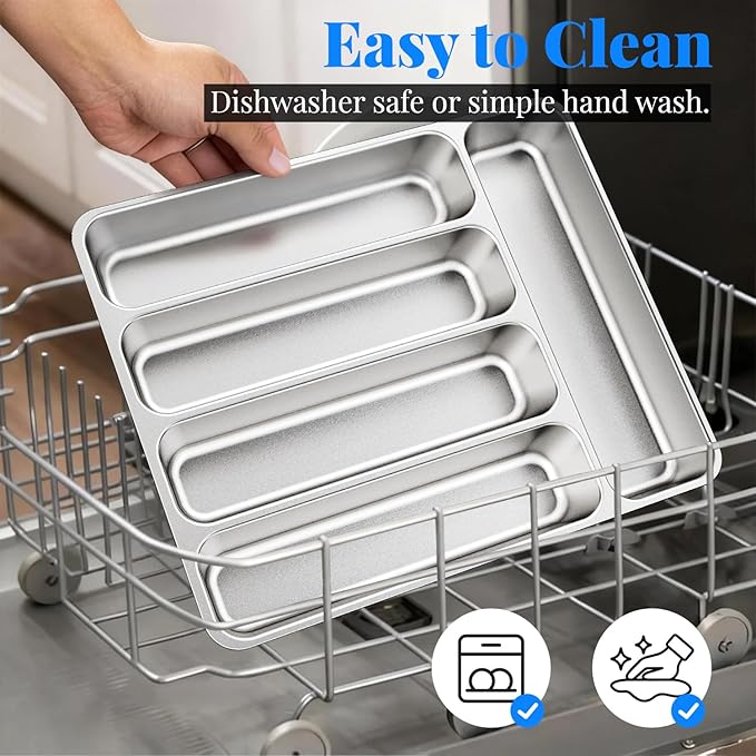 IKOCO Silverware Organizer Stainless Steel Utensil Drawer Organizer with 5 Compartments for Kitchen, Dishwasher Safe, Holds Spoons Forks Knives (13.8" x 11.4", Silver)