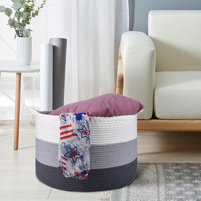 COMSE Extra Large Woven Blanket Laundry Basket, 21.7âx 13.8â, Nursery Hamper, Cotton Rope Laundry Hamper Living Room for Storage Toys Clothes Towels (White & Light Gray & Dark Gray)