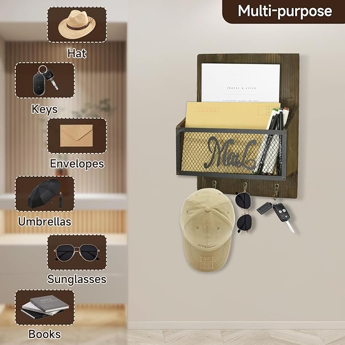 Key and Mail Holder for Wall, Farmhouse Mail and Key Organizer, Wood Mail Sorter with 3 Key Hooks for Doorway Entryway Hallway, Brown
