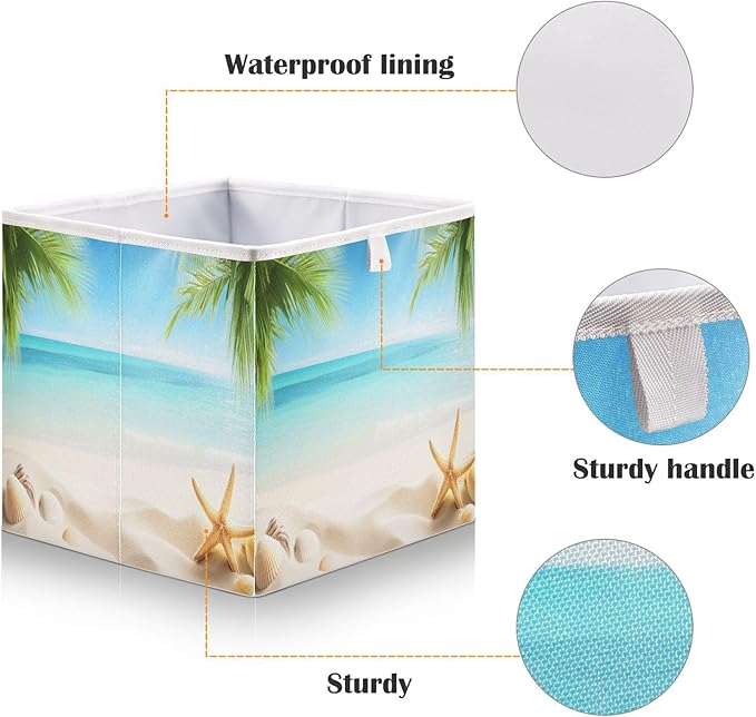 Blueangle Summer Beach Cube Storage Bin, 11 x 11 x 11 in, Large Collapsible Organizer Storage Basket for Home Décor