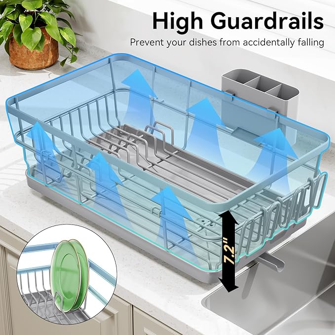 TOOLF Dish Drying Rack, Dish Racks for Kitchen Counter, Stainless Steel Sink Organization and Storage Essentials with Cutlery Holder, Dish Drainer, Home and Appartment Decor, 12.4''W x 16.5''L, Gray