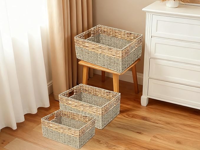 YAHUAN Natural Water Hyacinth & Seagrass Woven Storage Baskets â Wicker Storage Basket Organizer Bins with Handles for Home & Office Pantry Shelf (Set of 3)