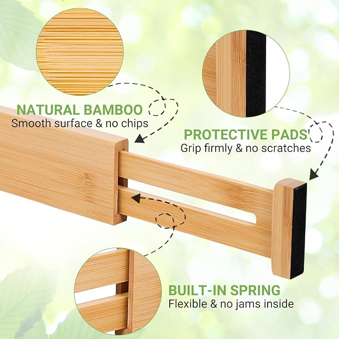 Bamboo Drawer Dividers 4 Pack, 16.4"-21.5" Expandable Drawer Organizer Separators for Kitchen, Bedroom, Dresser