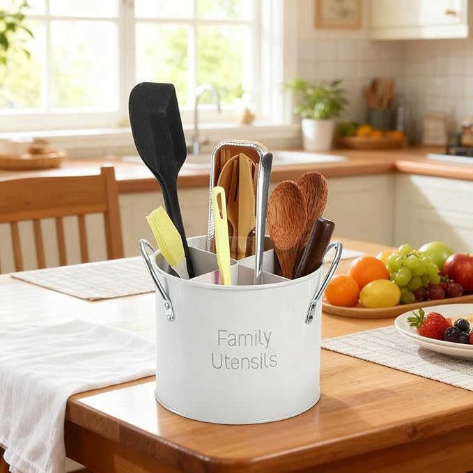 Vintage Utensil Holder, 4 Compartment Metal Silverware Caddy with Removable Divider, Rotating Spatula Crock for Countertop, White Cooking Utensil Organizer for Spoons Knives Forks