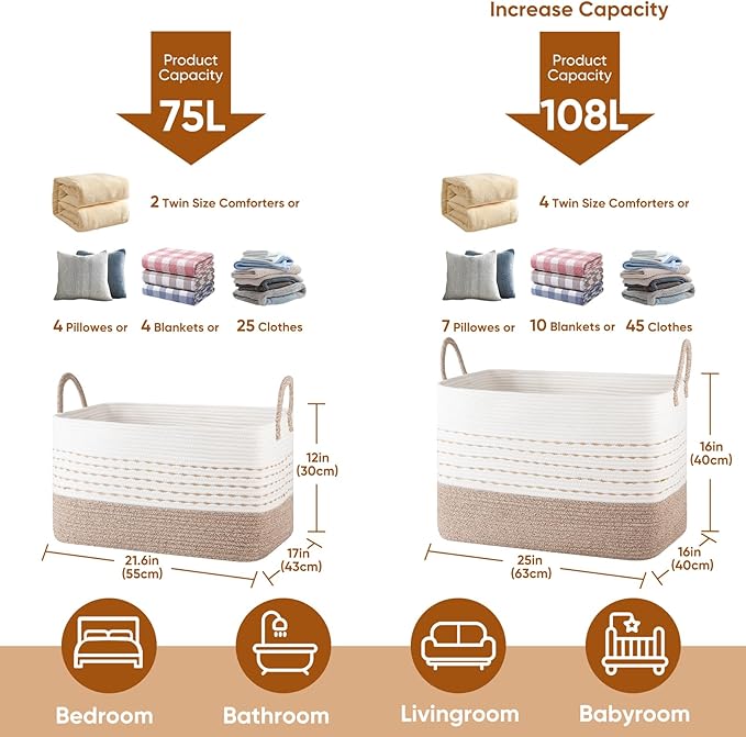 Large Blanket Basket for Toys, Pillow and Clothes, 75L Woven Storage Baskets for Blankets Living Room, Rectangle Cotton Rope Toy Basket with Handles-Brown & White