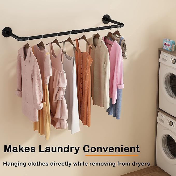 Wall Mounted Clothes Rack 38.4in, Industrial Pipe Wall Mount Clothing Rack, Heavy Duty Iron Garment Racks, Space Saver Multi-purpose Hanging Rod for Laundry Room, Closet Storage, 1 Pack