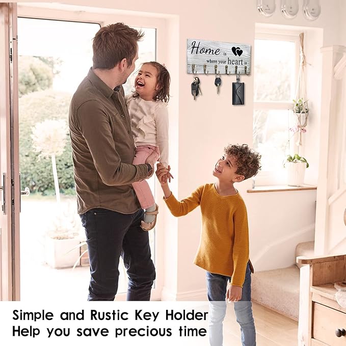 AHYS Key Holder Wall Mount Rustic Wooden Key Hanger with 6 Hooks for Farmhouse Home Entryway Living Room Decor - Light Grey