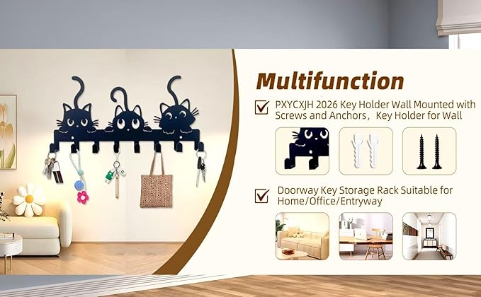 New Key Holder Wall Mounted with Screws and Anchors, Black Cute Dog Leash Holder with 5 Hooks, Entryway Front Door Kitchen Hallway Garage Office (Dog)