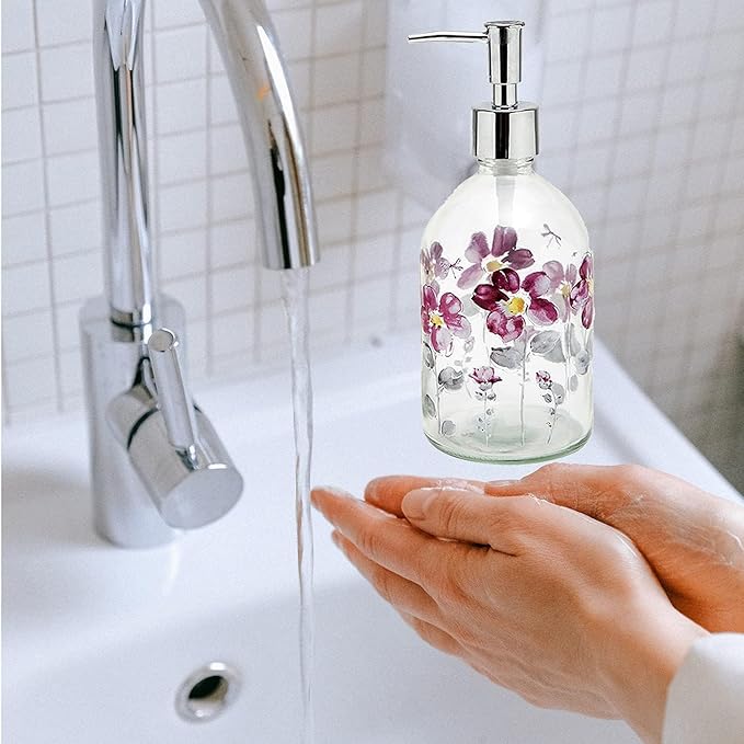 17oz Glass Soap Dispenser with Plastic Pump for Kitchen and Bathroom, Refillable Liquid Clear Bottle for Dish Soap & Hand Soap(Flower)