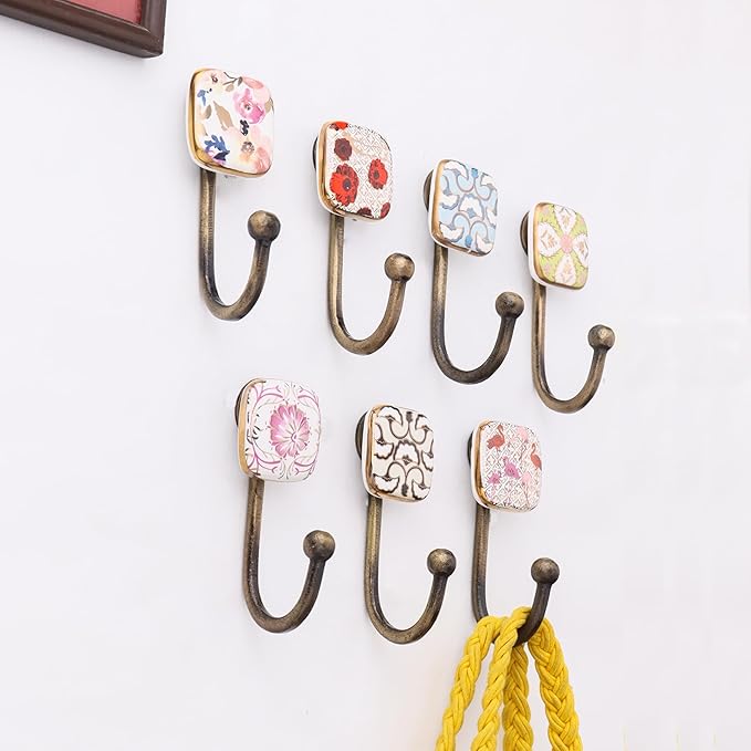 Indian Shelf Pack of 6 Multicolor Square Ceramic Kids Room Wall Hooks - Maximum Weight Capacity: 5 lbs Each - Perfect for Coats, Keys, and More