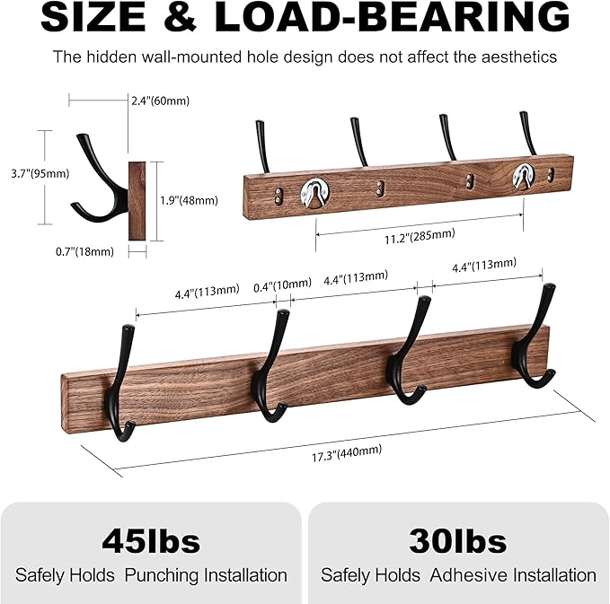 17.3" Small Walnut Wood Coat Rack Wall Mount with 4 Hooks, Heavy Duty Wooden Jacket Hanger Door Mounted for Decorative Entryway and Bathroom Hanging Towel Backpack Purse Clothes Hat Key Black