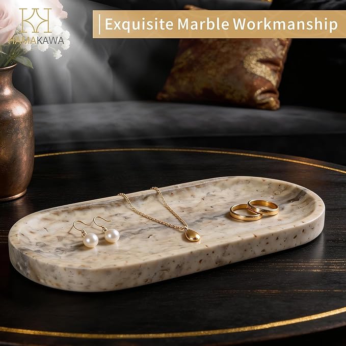 Bathroom Vanity Tray, Natural Marble Oval Tray 10 inch, GreyTravertine Vanity Tray for Soap Dispenser Modern Countertop Organizer for Kitchen Countertops, Home Decor