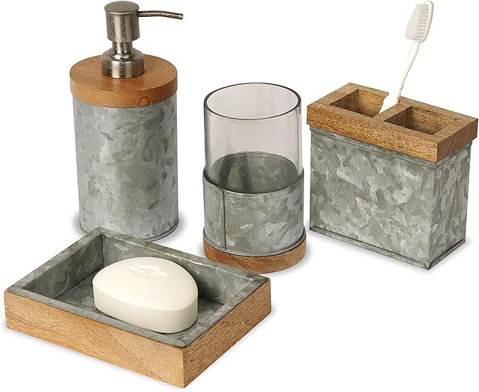 nu steel Confetti Galvanize Bath Accessory Set for Vanity Countertops, 4 Piece Luxury Ensemble Includes soap Dish, Toothbrush Holder, Tumbler, soap and Lotion Pump