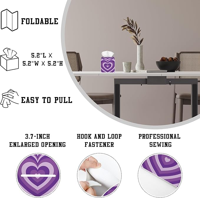 Tissue Box Holder Purple Heart Square Leather Tissue Box Cover Modern Cube Facial Paper Cover Case for Bathroom Vanity Countertop Night Stands Tabletop