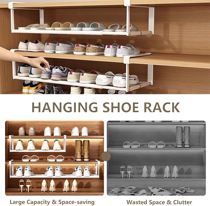 Expandable Hanging Shoe Rack Organizer for Closet, Adjustable Shoe Rack Under Cabinet Shelf, Versatile Under Shelf Storage for Kitchen, Book, Clothing Storage and Organization(White,2PCS)