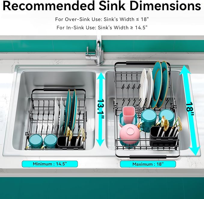 Expandable in Sink Dish Drying Rack - Adjustable Dish Rack Over Sink, Rustproof Dish Drainer for Kitchen Counter, Dish Strainer with Utensil Holder, Fit Kitchen for 13"-18"