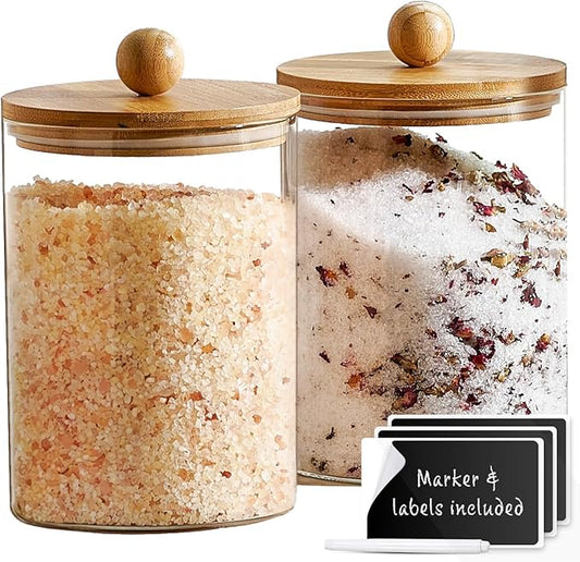 Le'raze 1 Gallon Glass Canister Set for Kitchen Counter with Airtight Bamboo Lids + Marker & Labels - of 2 Large Cookie Jars Wooden Lid, Food Storage Containers Pantry, Flour, Sugar, Pasta, Candy,