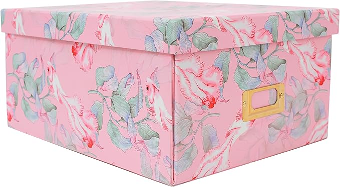 Decorative Storage Box with Lid, Foldable, Pink Floral, Metal Label Frame, Vintage, Cardboard Paperboard Keepsake box, Photo Storage for Memory, Home Decor, knick-knacks and Wool Organizer