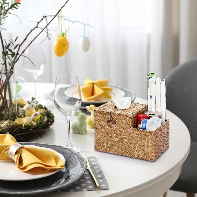 Sumnacon Square Woven Tissue Box Cover - Decorative Cube Tissue Box with Side Organizer, Rustic Seagrass Tissue Holder for Living Room Vanity Night Stand Table Countertop Office,Caramel