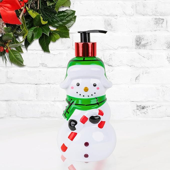 Simple Pleasures Snow Frosting Hand Soap Dispenser – 16.9 fl oz Refillable Holiday Soap, Ceramic Snowman Design with Candy Cane & Green Scarf – Festive Winter Bathroom & Kitchen Décor Gift