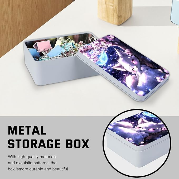 Metal Tin Box with Lid,Multi-functional Storage Box Can Store Tea Biscuits Game Cards, Playing & Tarot Cards-Comes with 4 Magnetic Cord Clips,White Fox Cherry Tree