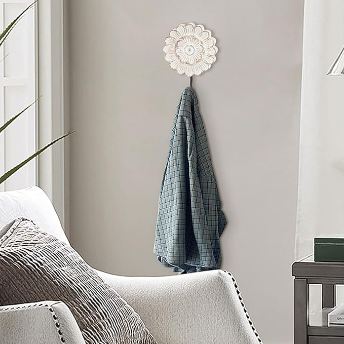 Distress Wood Flower Coat Hooks for Wall Hanging, Single Small Vintage Decorative Hanger for Keys, Bags, Towels (Long Hanger)