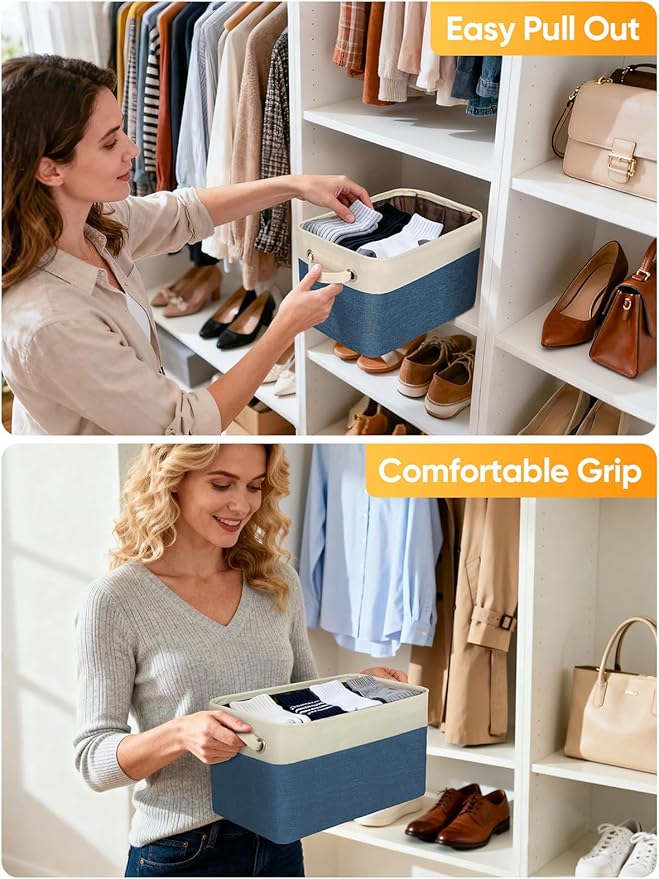 BALEINE 3 Pack Fabric Closet Storage Bins for Shelves, Linen Closet Organizers and Storage, Decorative Baskets for Organizing, Shelf, Clothes, Home, Office (Navy Blue, 12"x8"x8")