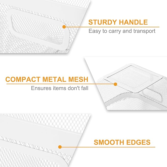 6 Pack Metal Mesh Basket with Hollow Handles White Wire Storage Bin for Organizing Stackable Metal Fine Mesh Basket for Pantry Bathroom Kitchen Cabinets Shelves (Medium)