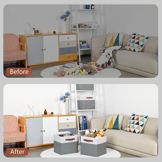 HNZIGE Fabric Storage Cubes 11x11x11,6Pcs Storage Cubes Organizer shelves, Large Linen Closet Foldable Storage Cubes for Shelves,Baskets for Cube Storage Home, Office Toy (White Gray)