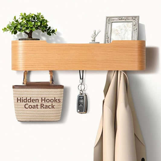 Coat Rack Wall Mount with Hidden Hooks Modern Key Holder Wood Entryway Hook with Shelf for Bedroom Kitchen Hallway Bathroom Designed for Hanging Coats Hats Bags Towels Dog Leashe(Oak,4 Hooks)
