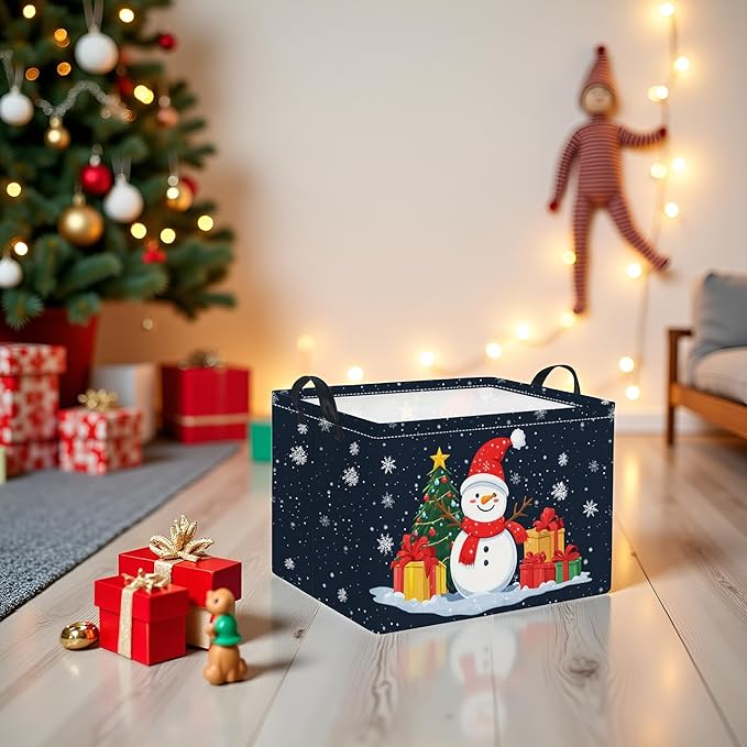 Rectangular Christmas Basket Trick or Treat Spooky Boo Basket with Handles for Women Girls Cute Storage Bin Organizer(Snowman)