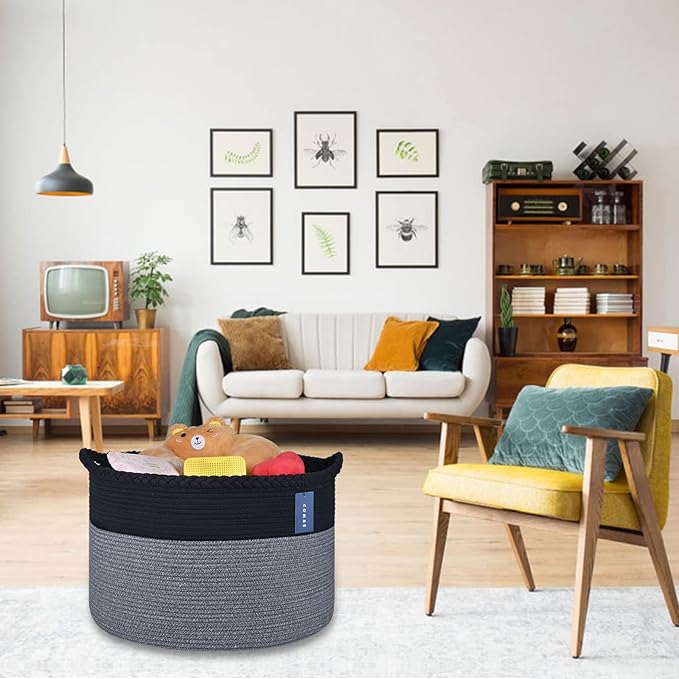 COMSE Extra Large Blanket Basket, Woven Laundry Basket, 21.7âx 13.8â, Nursery Hamper, Cotton Rope Laundry Hamper Living Room for Storage Toys Clothes Towels(Black & Gray)