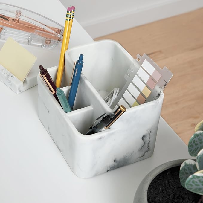 Essentra Home White Marble Toothbrush Holder and Bathroom Organizer – Keeps Your Bathroom Counter Organized and in Style.